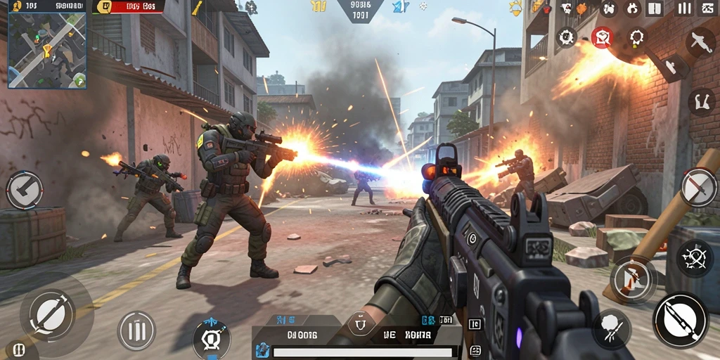Screenshot gameplay menampilkan aksi intens dalam pertempuran TPS.