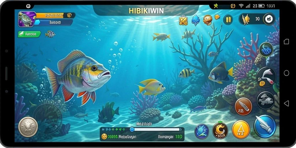 Screenshot gameplay HIBIKIWIN menunjukkan aksi memancing di lautan yang indah.