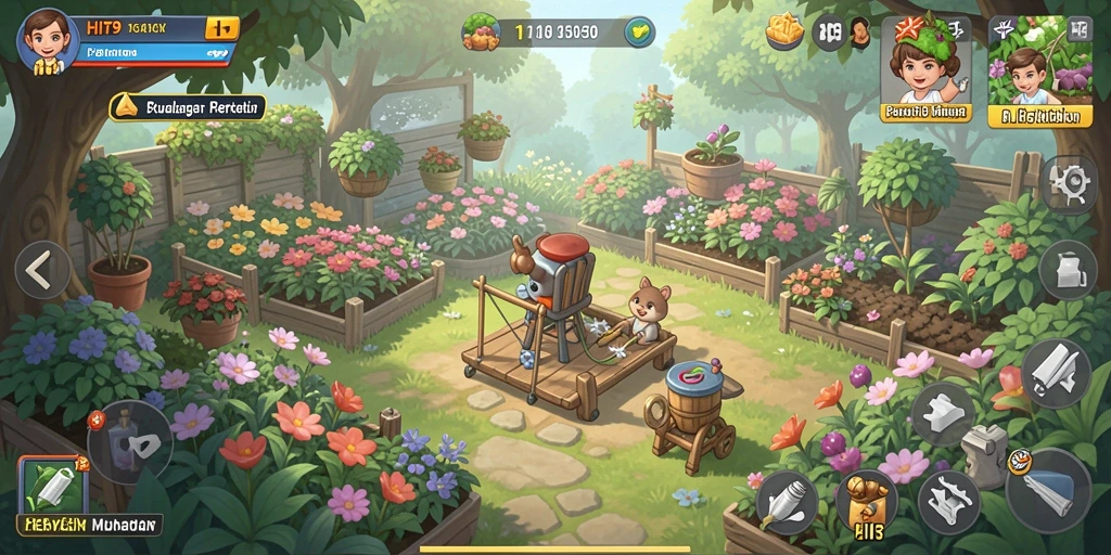 Screenshot permainan HIT9 menampilkan kebun yang indah dan beragam tanaman.