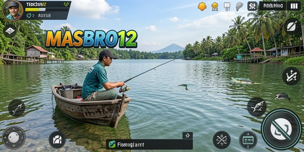 Screenshot permainan <strong>MASBRO12</strong> menampilkan pemain sedang memancing di lokasi yang indah.