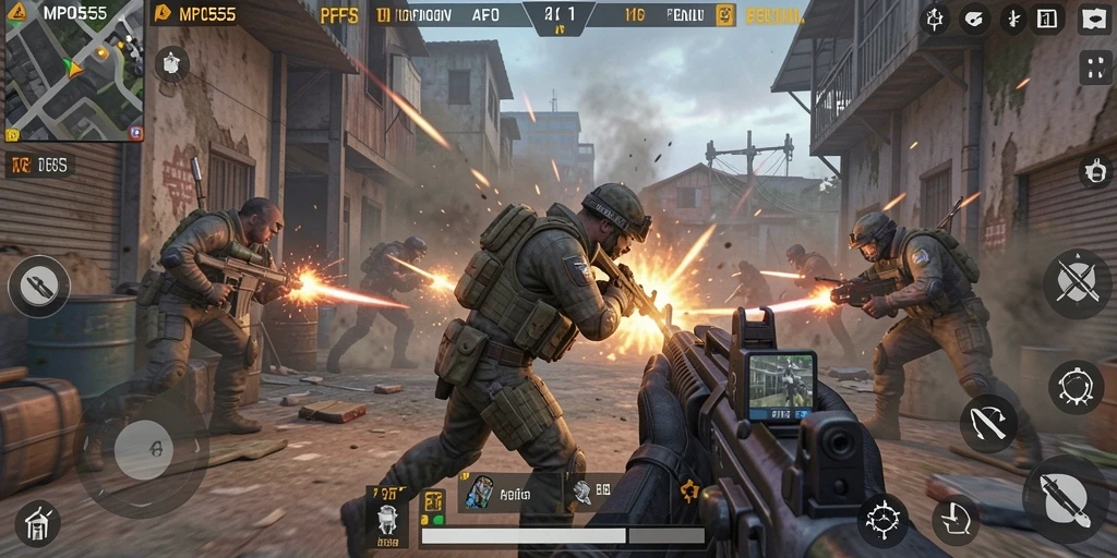 Screenshot MPO555 menunjukkan aksi intens gameplay FPS.
