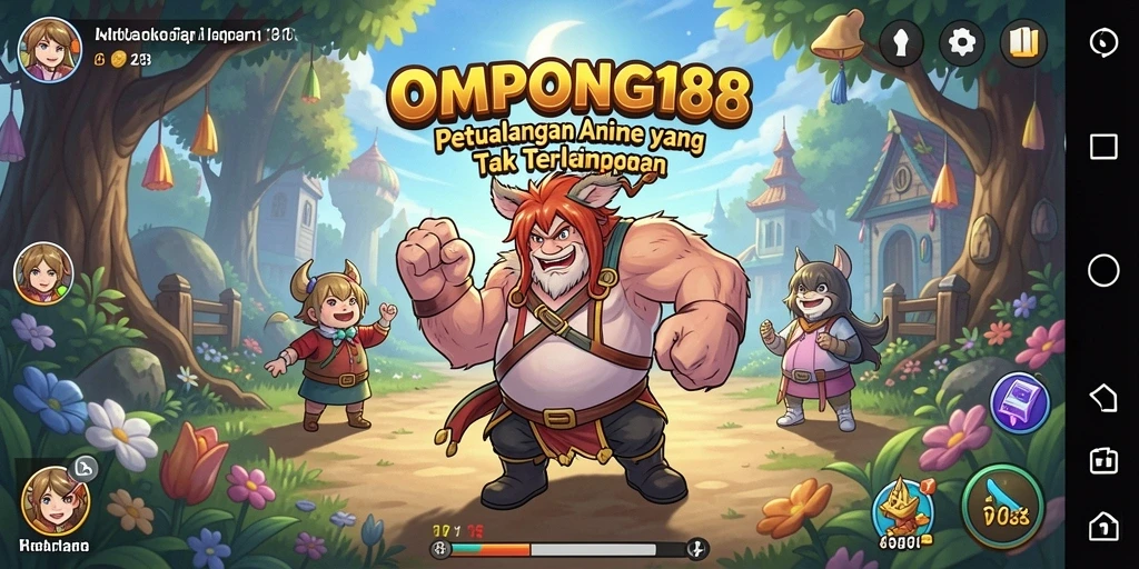 Tampilan gameplay OMPONG188 yang penuh warna dan karakter anime.